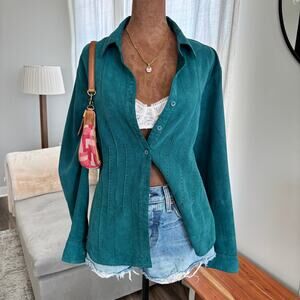Vintage Kim Rogers Faux Suede Teal Blue Button Front Embroidered Stitching XL